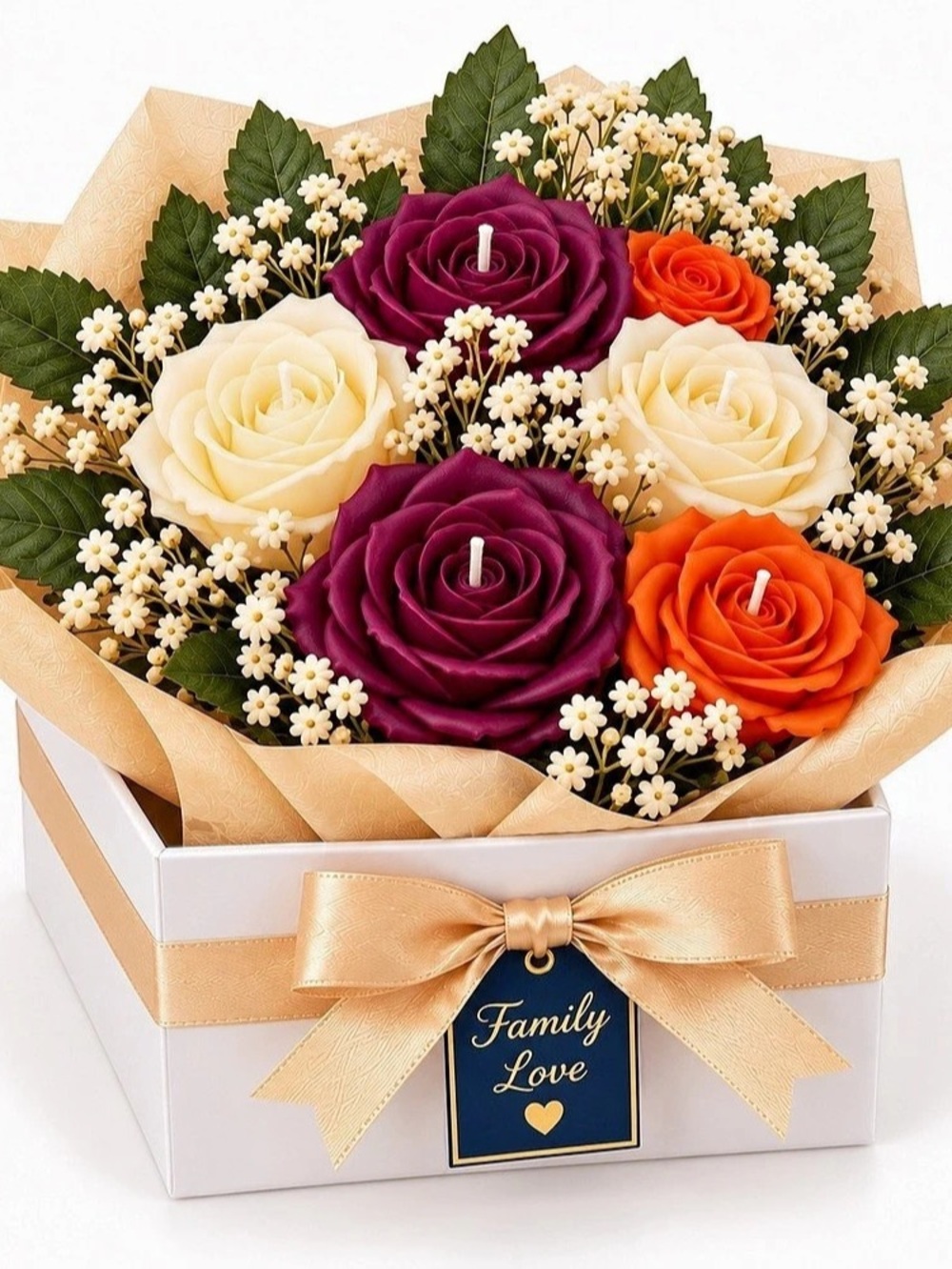 Rose Candle Bouquet, Purple Orange & Ivory Wax Flowers, Handmade Floral Gift Box